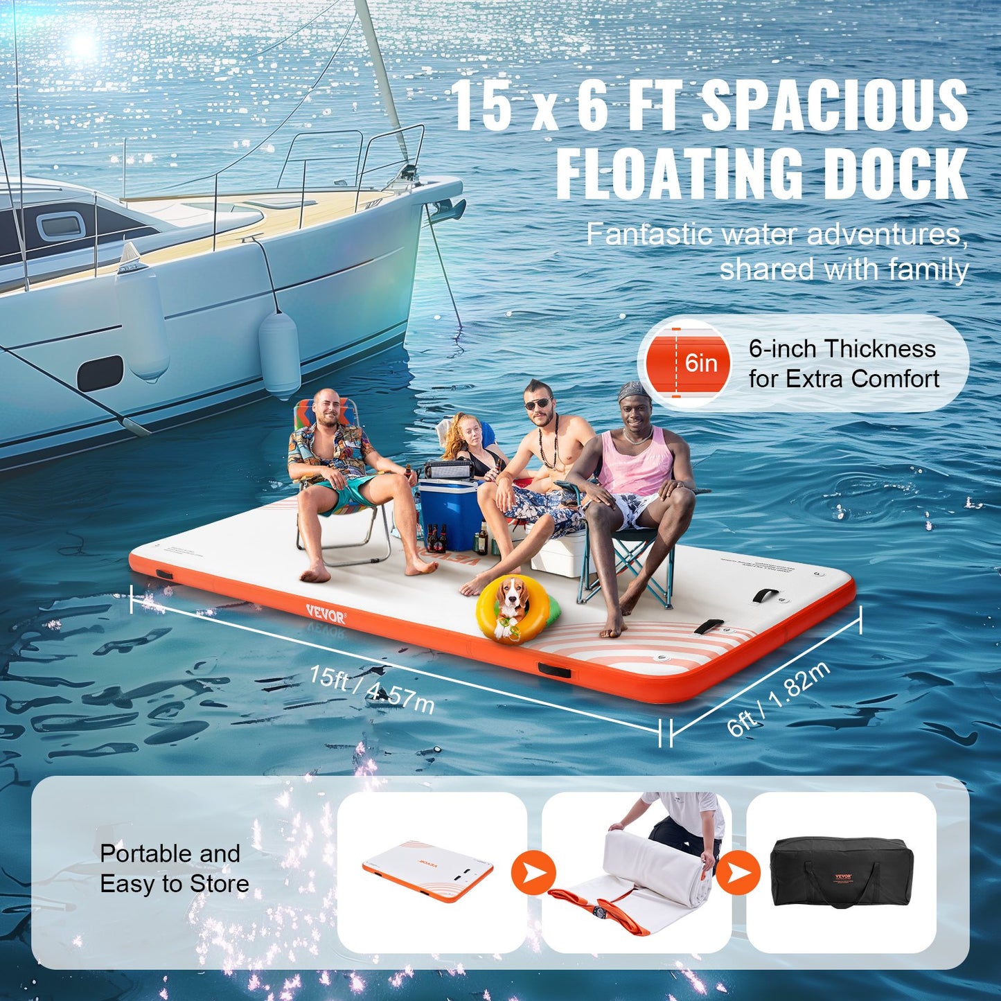 Inflatable Floating Dock, 15 X 6FT Inflatable Dock Platform, Non-Slip Water Floating Dock Mat With Detachable Ladder & Portable Carrying Bag, Floating Platform Island Raft For Ocean Pool Beach