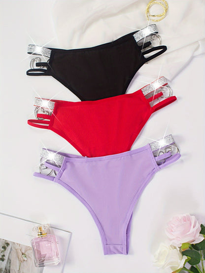 3pcs Heart Ring Linked Thongs, Hollow Out Low Waist Stretchy Panties, Women's Lingerie & Underwear