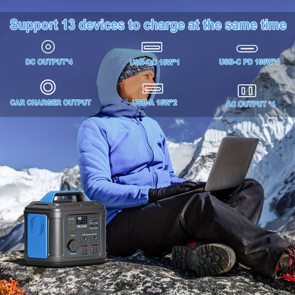 Portable Power Station, 300W 296Wh Solar Generator Quick Charge/ 110V AC Outlets/DC Ports And LED Flashlight, Lithium Battery Backup For Home Outdoor Travel Camping Blackout Blue