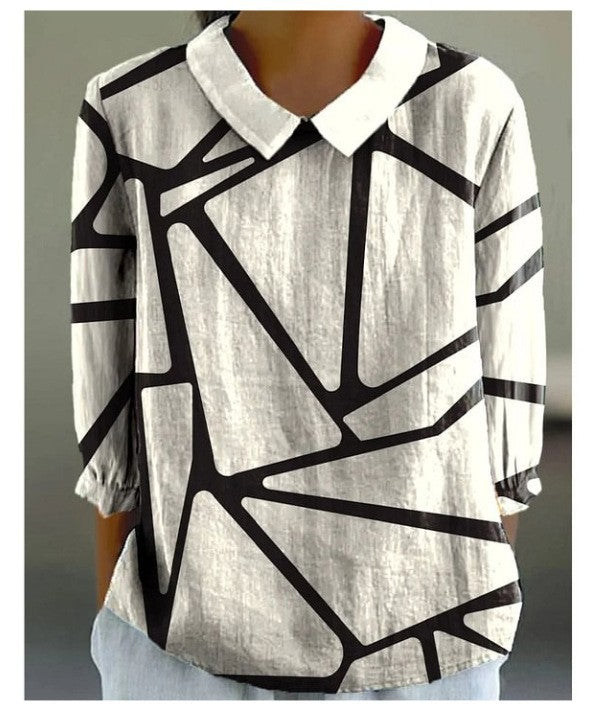 European And American Style Long-Sleeve Chinese-Style Bamboo-Stripe Linen Lapel Printed Fashionable All-Match Shirt