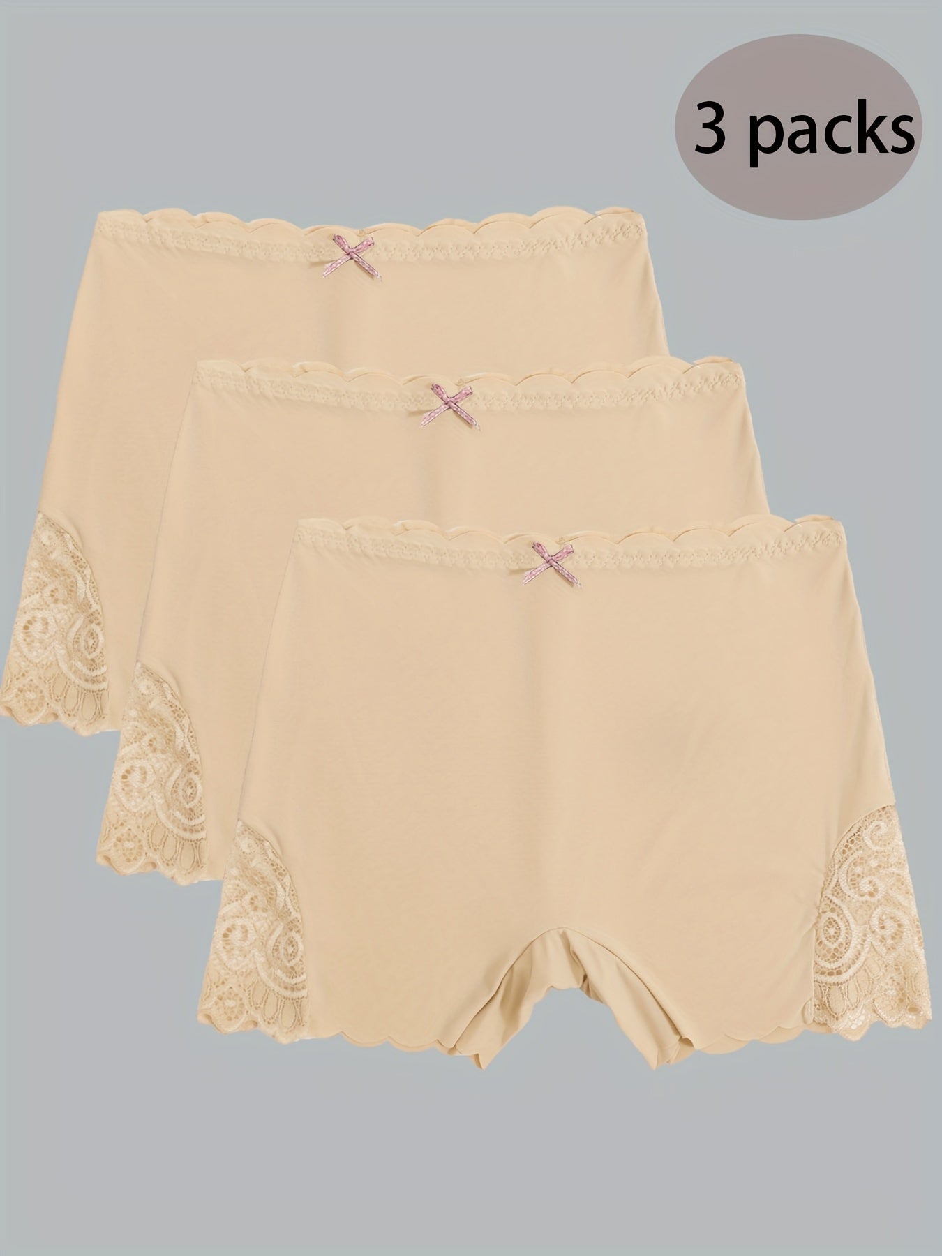 3pcs Contrast Lace Boyshort Panties, Seamless Scallop Trim Bow Tie Panties, Women's Lingerie & Underwear