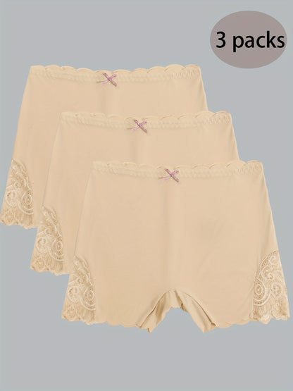 3pcs Contrast Lace Boyshort Panties, Seamless Scallop Trim Bow Tie Panties, Women's Lingerie & Underwear