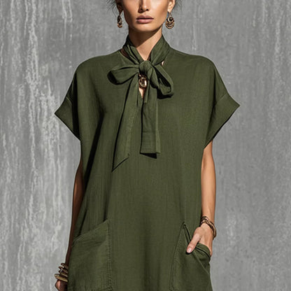 Military-green Cotton-linen Blend Tie-waist Short-sleeve Maxi Dress