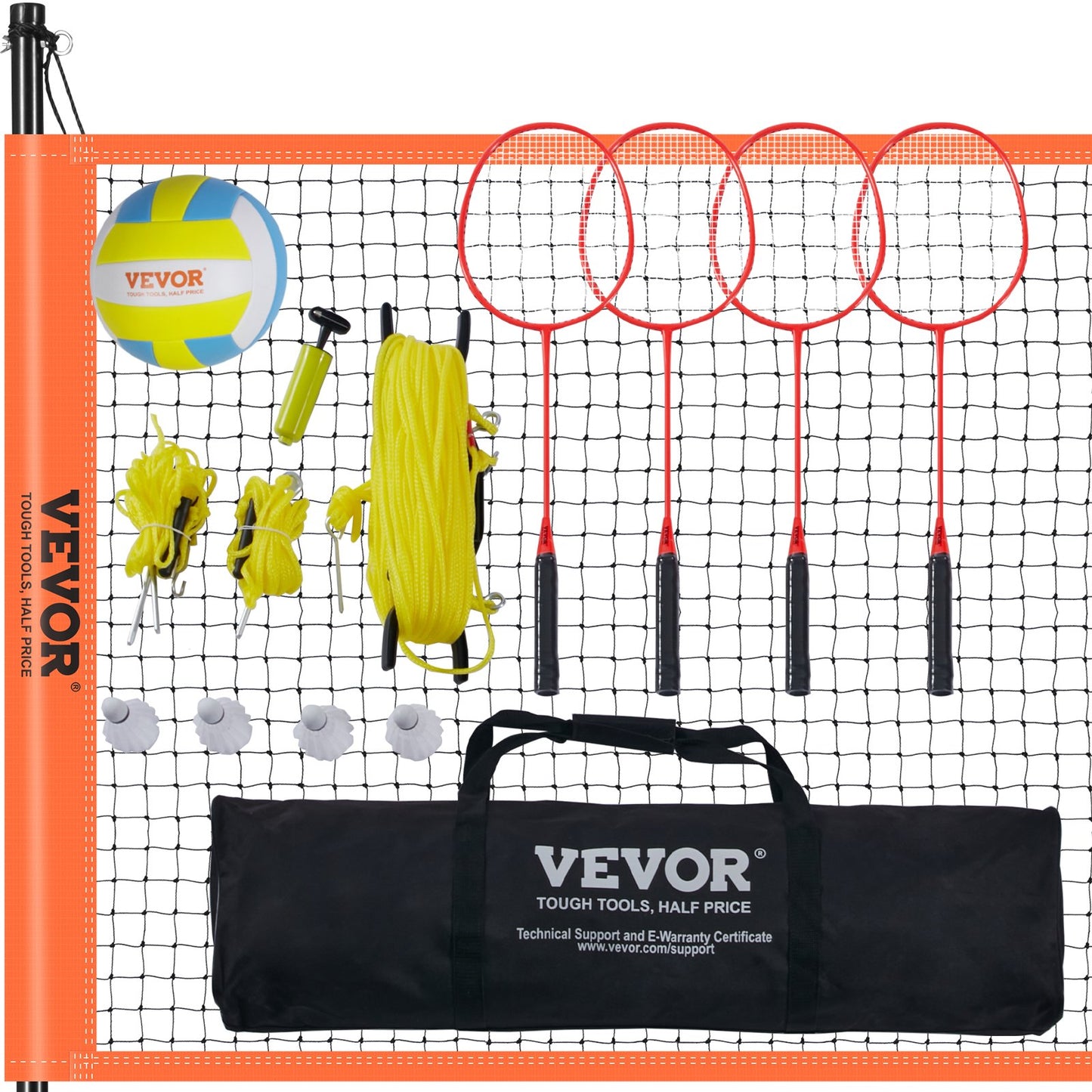 Volleyballnetz Höhenverstellbares Badmintonnetz, 91,44 X 970 Cm Tragbarer Beachvolleyball-Netz, Orange Volleyballnetz Faltbare Volleyballnetz Mit Volleyball & Tragetasche & Badmintonschläger