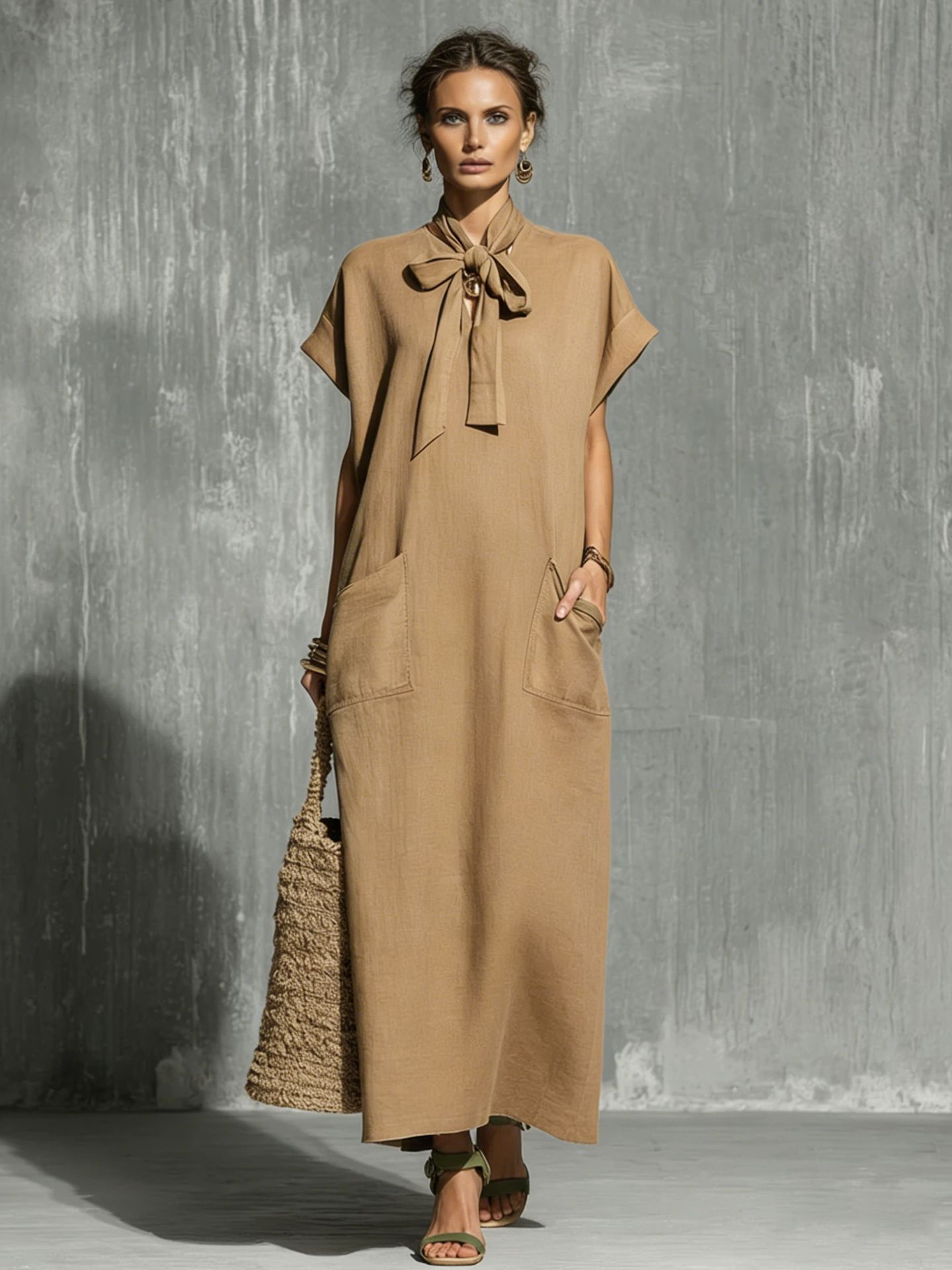 Military-green Cotton-linen Blend Tie-waist Short-sleeve Maxi Dress