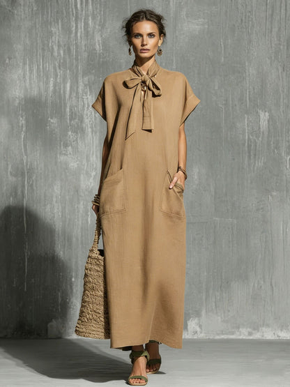 Military-green Cotton-linen Blend Tie-waist Short-sleeve Maxi Dress