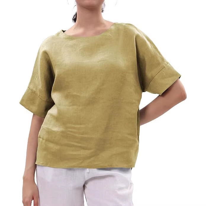 Linen Top Crew-neck Short-sleeve Shirt