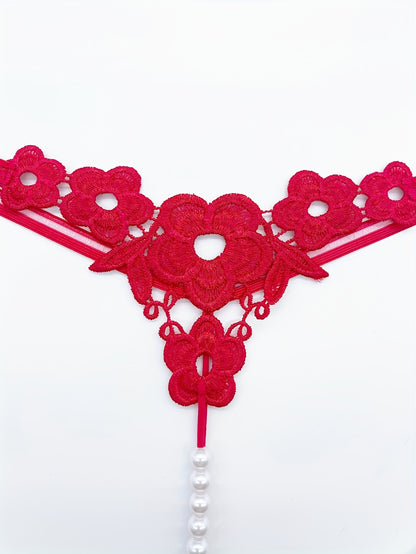 Floral Embroidery Thong, Hollow Out Faux Pearl Panties, Women's Sexy Lingerie & Underwear