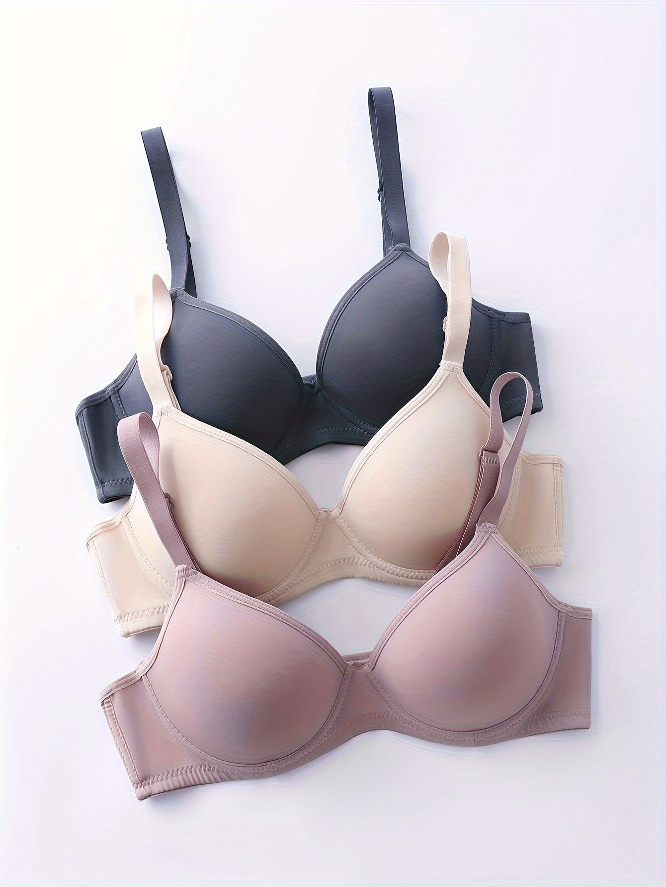 3pcs Comfy Seamless Bras, Simple Solid Push Up Everyday Bra for Women, Breathable Lingerie & Underwear