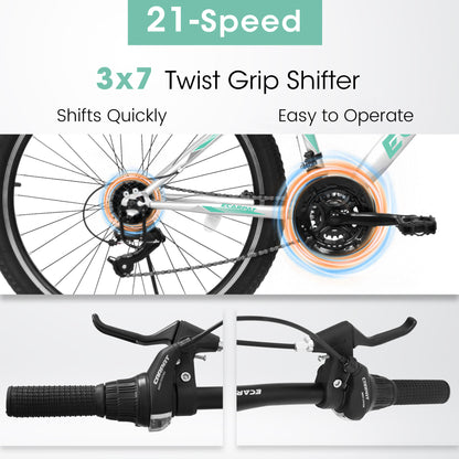 A26208 Ecarpat 26 Inch Mountain Bike, 21-Speed V-Brake, Front Suspension, Carbon Steel Frame Mountain Bike For Teenagers Girls Women Bicycles