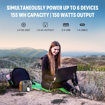 150W 155Wh/122.8Wh Portable Power Station Solar Generator, Lithium Battery Pack- High-Capacity, AC/DC/USB-C/USB Outputs, Digital Display, Overload & Overheat Protection, Compact for Home, Camping, RV Trip, Emergency Backup Po