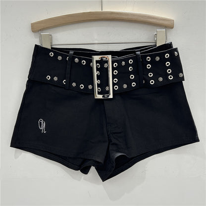 Women's Rose Embellished Rivet Belt Hot Pants