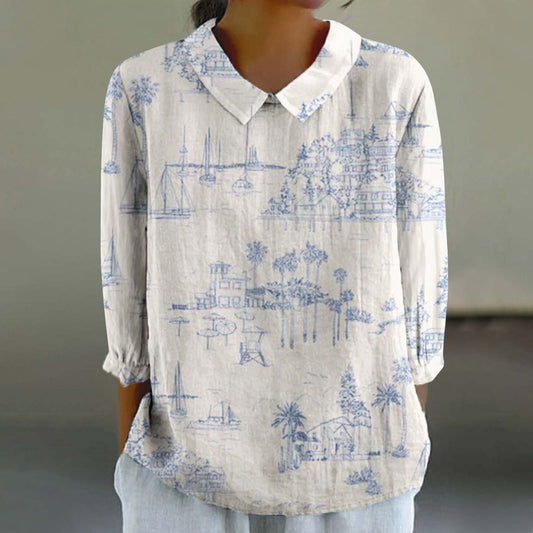 European And American Style Long-Sleeve Chinese-Style Bamboo-Stripe Linen Lapel Printed Fashionable All-Match Shirt