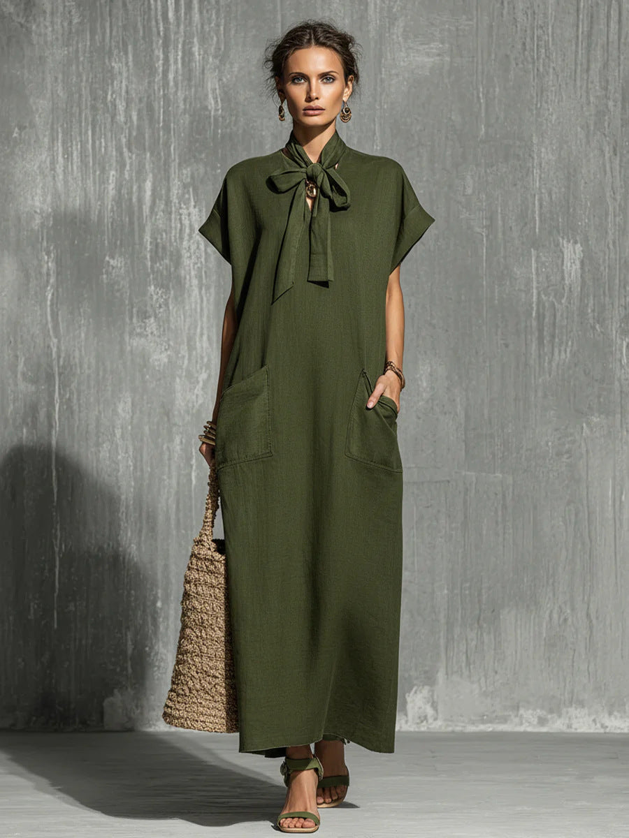 Military-green Cotton-linen Blend Tie-waist Short-sleeve Maxi Dress