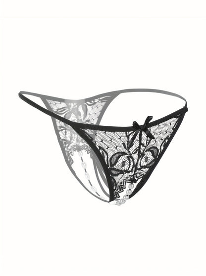 Sexy Floral Lace Thongs - Comfortable Women's Lingerie with Faux Pearl Detail, Open Crotch, and Elegant Design for a Confident You