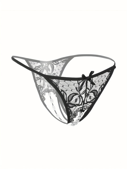 Sexy Floral Lace Thongs - Comfortable Women's Lingerie with Faux Pearl Detail, Open Crotch, and Elegant Design for a Confident You
