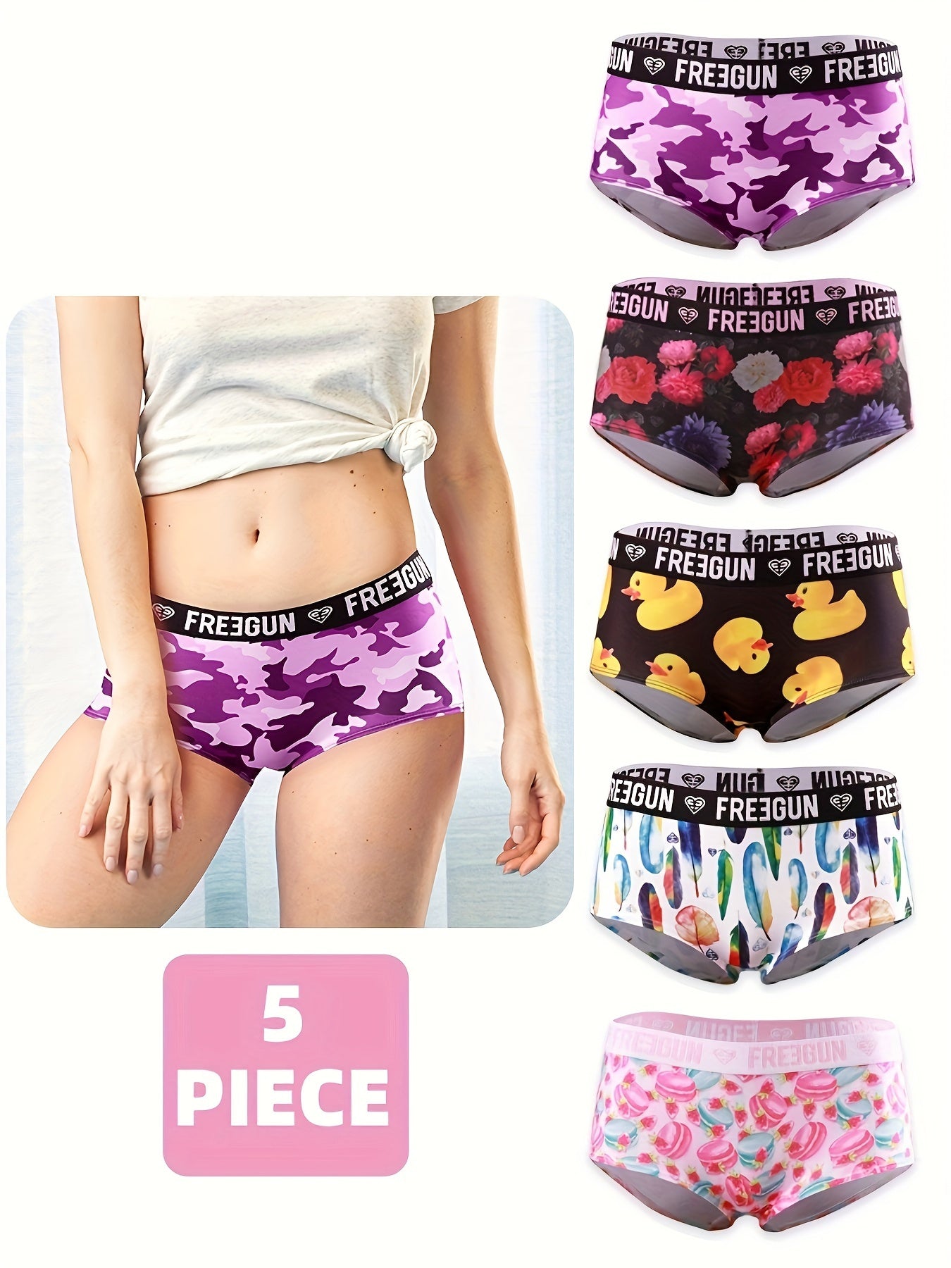 5pcs Soft & Comfortable Cartoon Print Boy Shorts - Women's Lingerie & Underwear with Cute Designs, Breathable Fabric, and Relaxing Fit for Everyday Wear