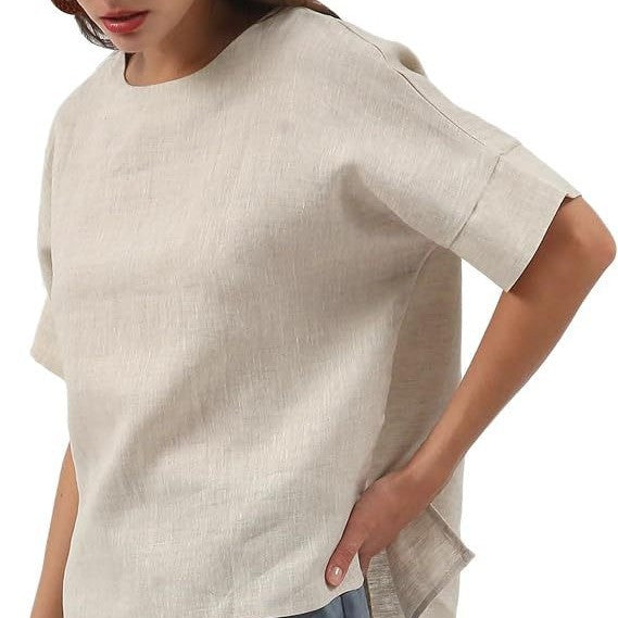 Linen Top Crew-neck Short-sleeve Shirt