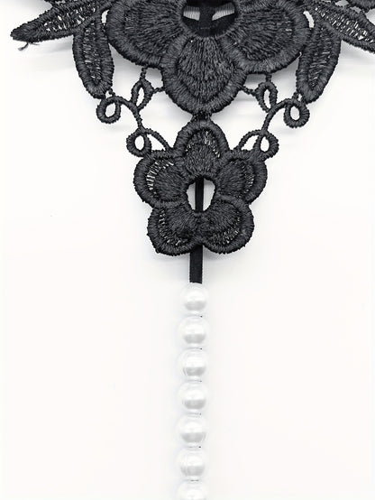 Floral Embroidery Thong, Hollow Out Faux Pearl Panties, Women's Sexy Lingerie & Underwear