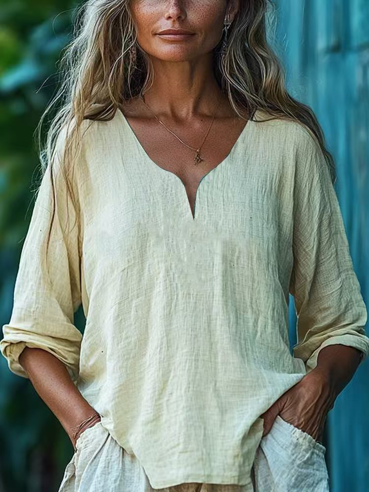 Womens Casual Loose Fashion Cotton-Linen Long-Sleeve V-Neck Solid Color Top
