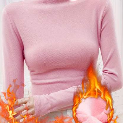 Simple Solid Thermal Underwear, Soft & Comfortable Half Turtleneck Long Sleeve Top, Women's Lingerie & Sleepwear