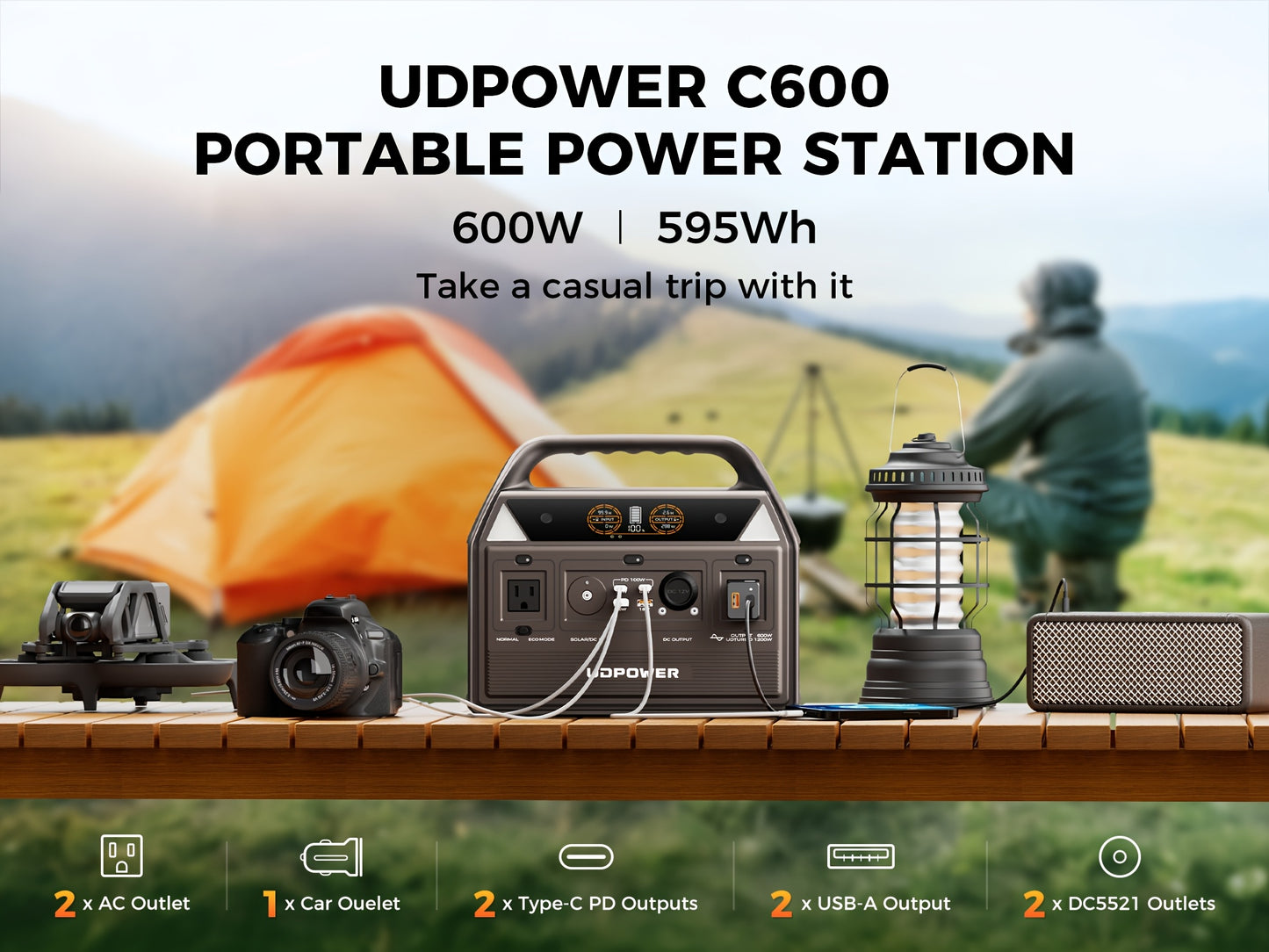 UDPOWER Portable Solar Generator - 1200W, 800W, 400W Options, AC Outlet, 2 DC & 3 USB Ports, Backup Battery for Outdoor Trips, Camping & Emergency, Outdoor Power Station | Modern Power Station | Durable Power Source, Portable