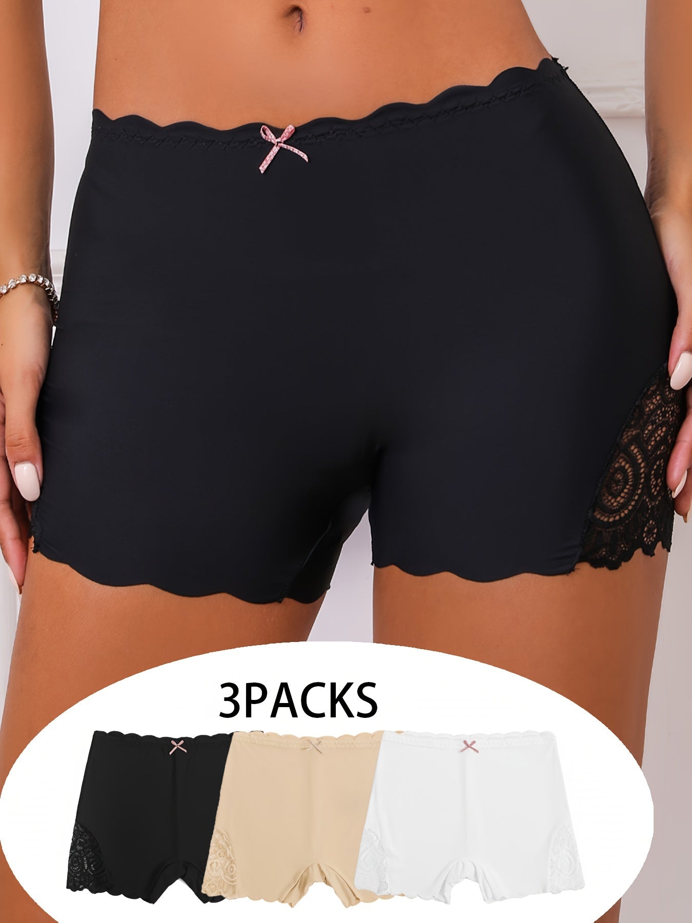 3pcs Contrast Lace Boyshort Panties, Seamless Scallop Trim Bow Tie Panties, Women's Lingerie & Underwear
