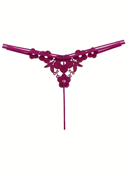 Floral Embroidery Thong, Hollow Out Faux Pearl Panties, Women's Sexy Lingerie & Underwear