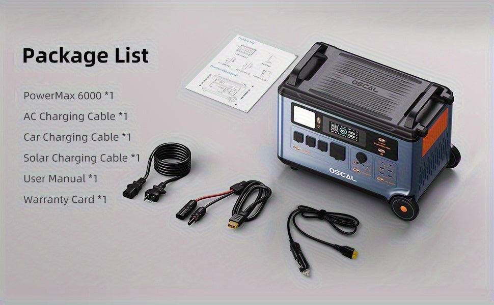 OSCAL PowerMax 6000 Solar Generator | 3600Wh/6000W Power Station with 2x500W Solar Panels, 120V/240V Split Phase Voltage AC Outlets (9000W Peak), 2400W Solar Charging, Emergency Home, Battery Backup, Plus A Bonus 30W Solar Pa