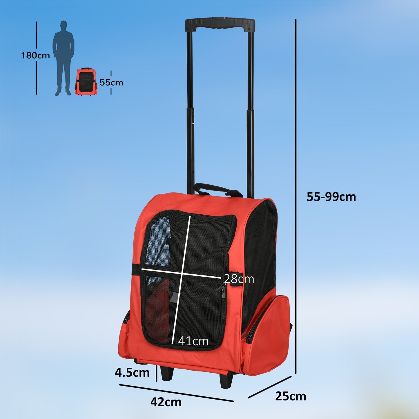 PawHut Pet Travel Backpack Bag Cat Puppy Dog Carrier W/ Trolley And Telescopic Handle Portable Stroller Wheel Luggage Bag (Red)