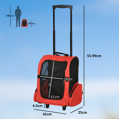 PawHut Pet Travel Backpack Bag Cat Puppy Dog Carrier W/ Trolley And Telescopic Handle Portable Stroller Wheel Luggage Bag (Red)