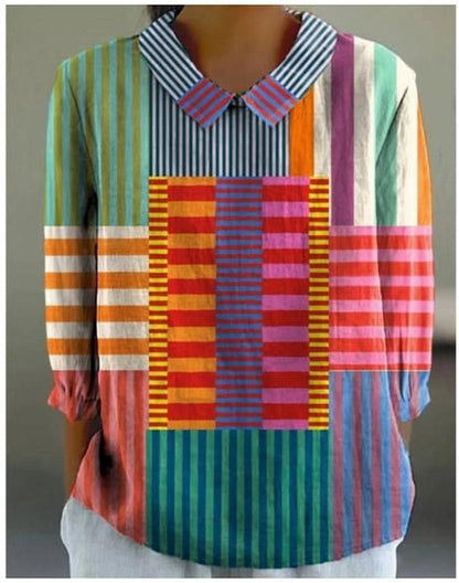 European And American Style Long-Sleeve Chinese-Style Bamboo-Stripe Linen Lapel Printed Fashionable All-Match Shirt