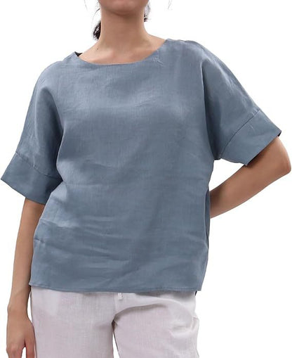Linen Top Crew-neck Short-sleeve Shirt