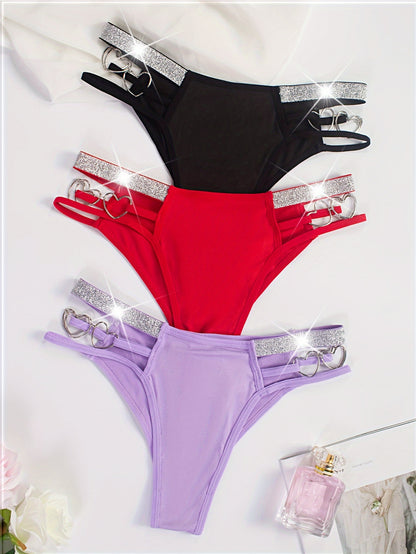 3pcs Heart Ring Linked Thongs, Hollow Out Low Waist Stretchy Panties, Women's Lingerie & Underwear