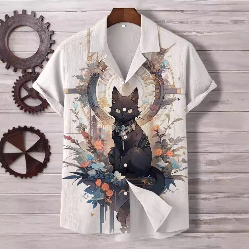 Comfortable Four-Way Stretch Wave-Print Short-Sleeve Cuban-Neck Shirt