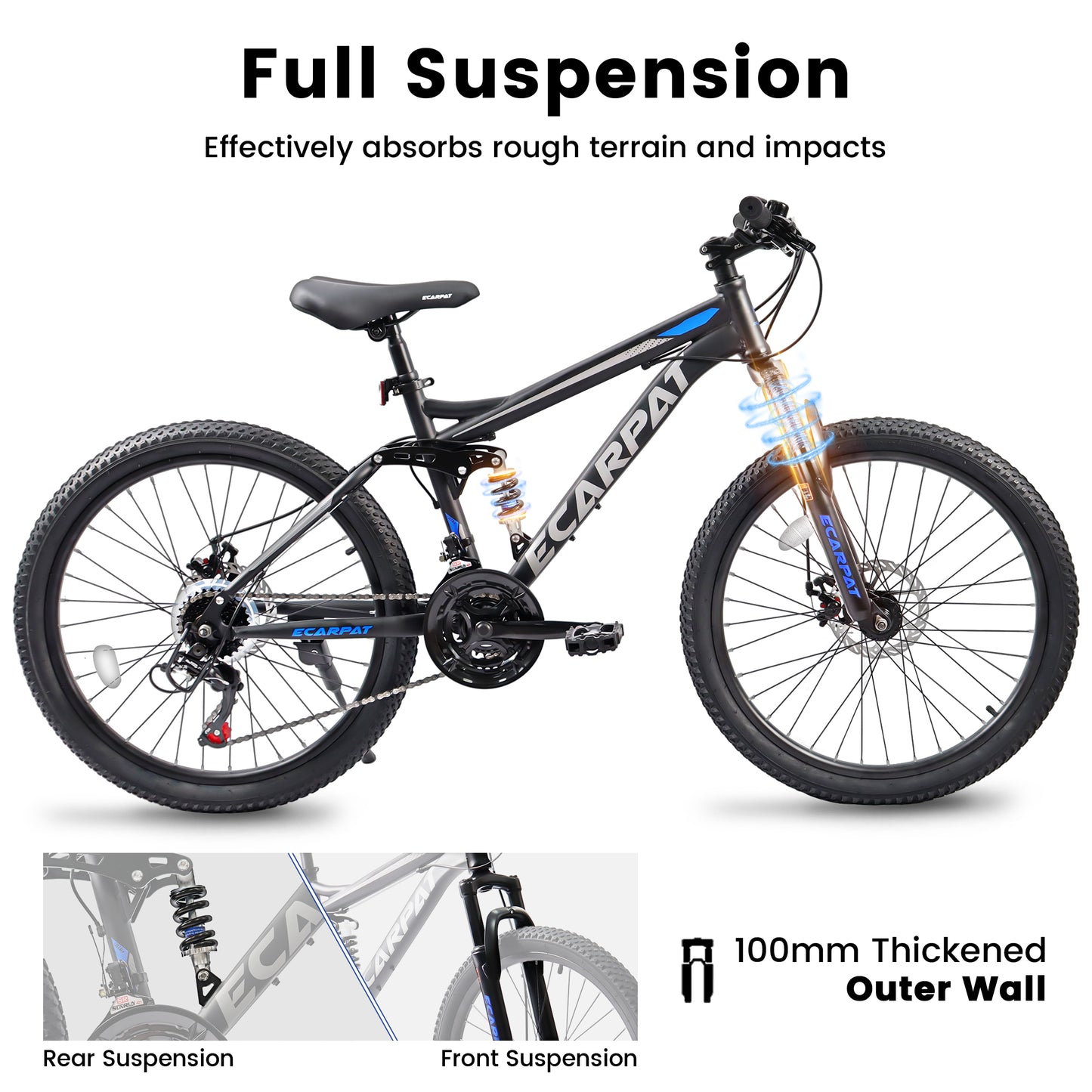 A2760 27.5 Inch Full Suspension Mountain Bike, Front And Rear Dual Shock Absorbers, Mechanical Disc Brakes, 21-Speed, Suitable For Men And Women, Ideal For Travel And Fitness Enthusiasts