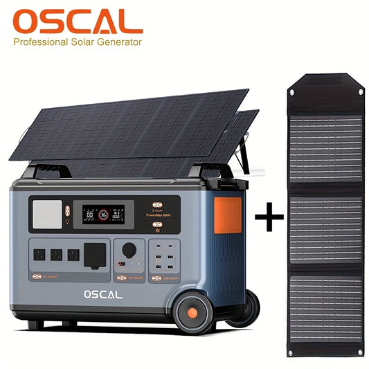 OSCAL PowerMax 6000 Solar Generator | 3600Wh/6000W Power Station with 2x500W Solar Panels, 120V/240V Split Phase Voltage AC Outlets (9000W Peak), 2400W Solar Charging, Emergency Home, Battery Backup, Plus A Bonus 30W Solar Pa