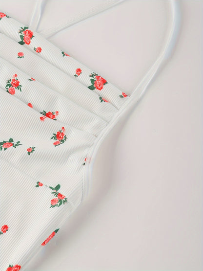 Sultry Floral Print Slip Dress, Criss Cross Back Sleeveless Babydoll, Women's Sexy Lingerie & Underwear