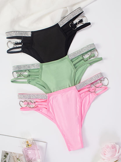 3pcs Heart Ring Linked Thongs, Hollow Out Low Waist Stretchy Panties, Women's Lingerie & Underwear