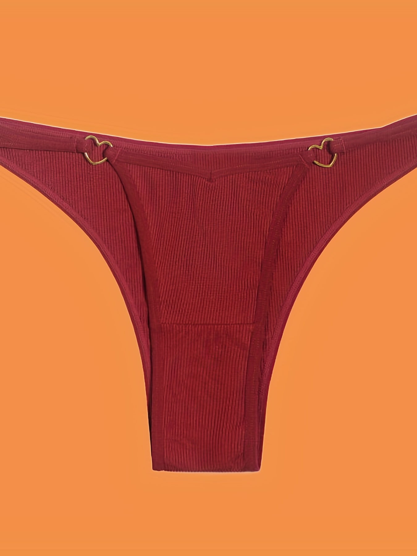 5pcs Solid Ribbed Panties, Soft & Comfy Heart Ring Linked Panties, Women's Lingerie & Underwear