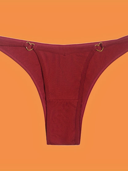 5pcs Solid Ribbed Panties, Soft & Comfy Heart Ring Linked Panties, Women's Lingerie & Underwear