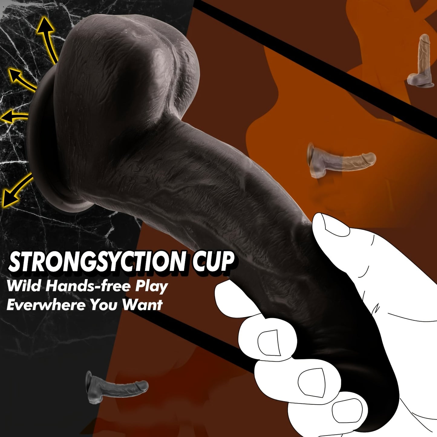 Perfect Insertable Length: StrongSyction Cup - Hand-Free Play Anywhere You Want - 8.3 Inch Black Rubber Dildo - Non-Latex, Waterproof, No Battery Required