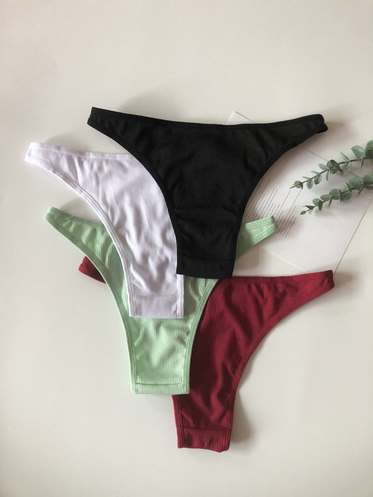 4pcs Heart Ring Linked Thongs, Soft & Comfy Ribbed Intimates Panties, Women's Lingerie & Underwear
