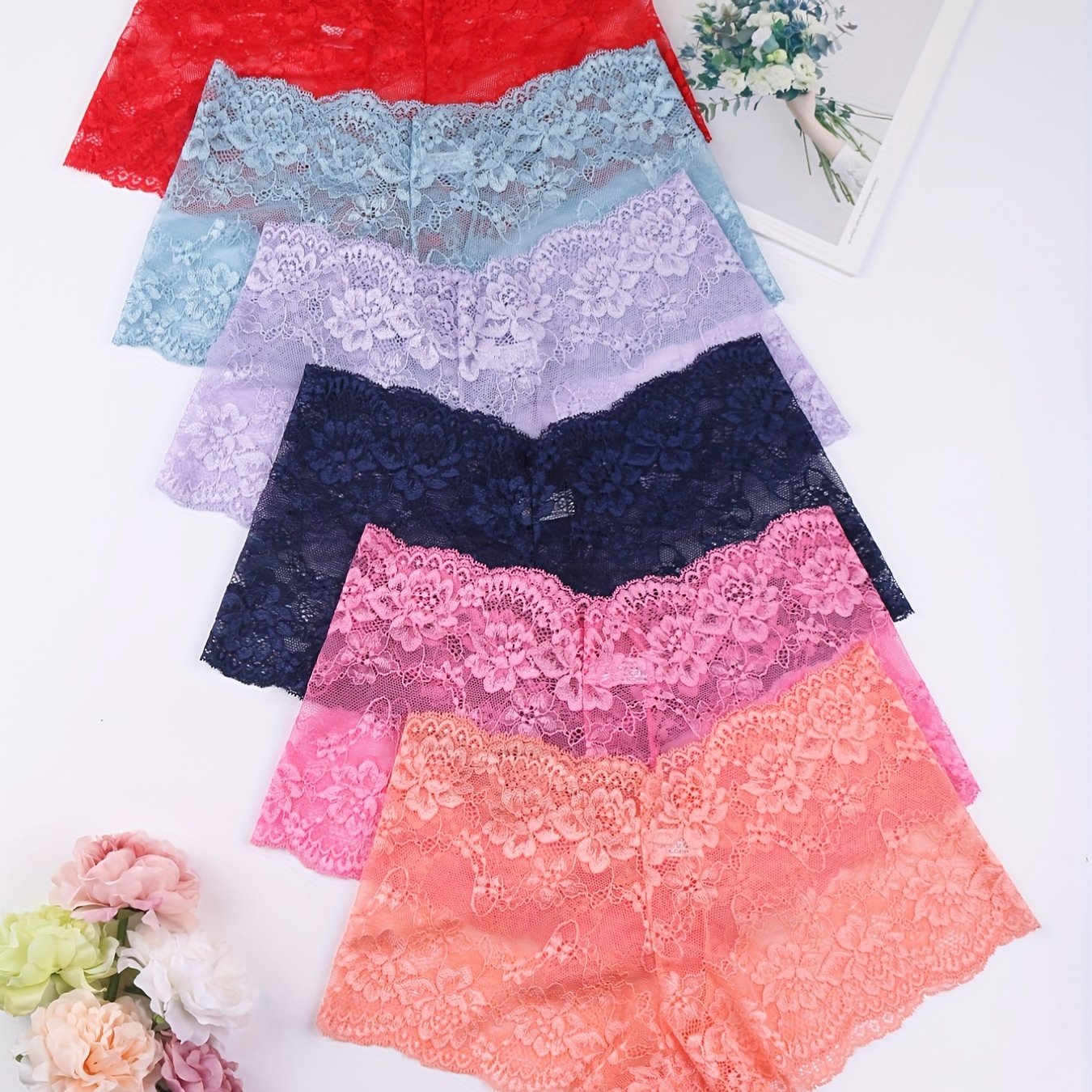 6pcs Floral Lace Boyshort Panties, Soft & Comfortable Scallop Trim Panties, Women's Lingerie & Underwear