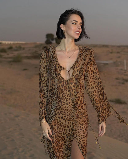 Leopard Print Dress Ruffled Front Slit Long Sleeve Skirt