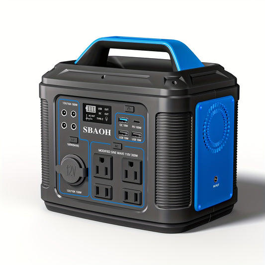 Portable Power Station, 300W 296Wh Solar Generator Quick Charge/ 110V AC Outlets/DC Ports And LED Flashlight, Lithium Battery Backup For Home Outdoor Travel Camping Blackout Blue