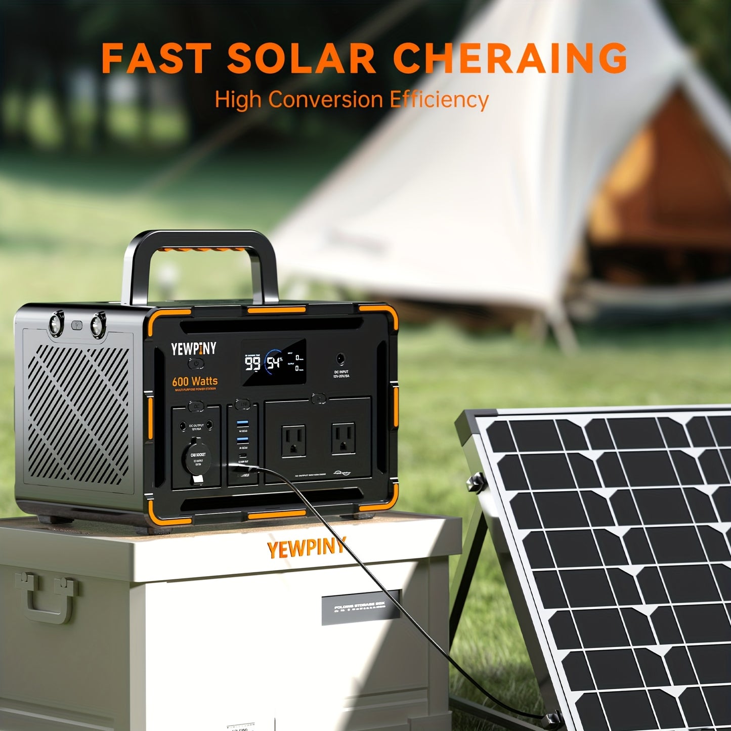 YEWPINY 600W Portable Power Station, 600W Fast Charging, 599.4Wh Lithium Battery Solar Generator AC Power Socket, DC Port, LED Lighting, PD And USB, A Total Of 9 Output Ports, Suitable for Home, Outdoor Travel, Camping And Po