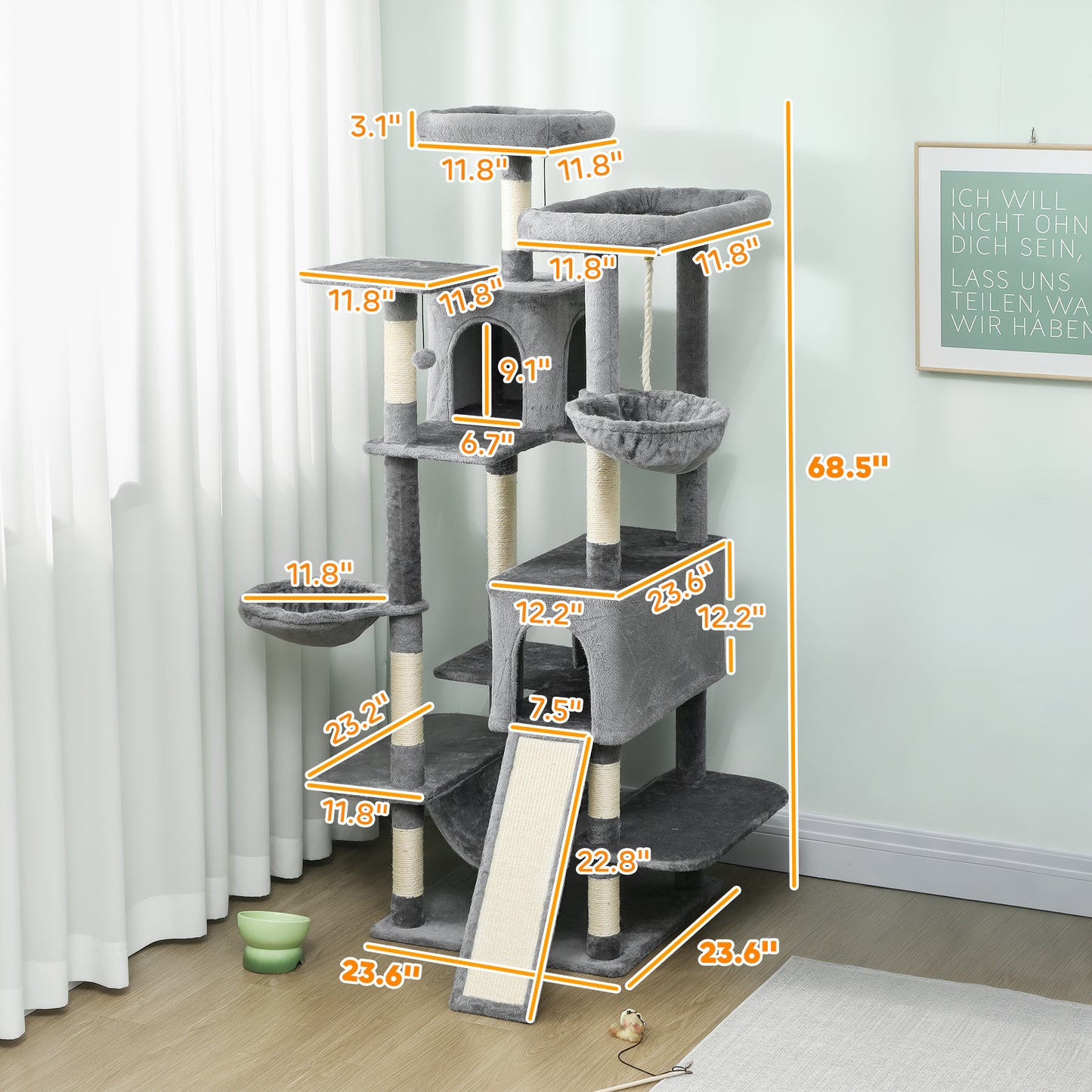 69" Cat Tree, Multi-Level Cat Tower with 2 Condos and 3 Hammocks, 8 Scratching Posts, for Multiple Cats, Dark Gray