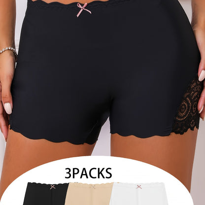 3pcs Contrast Lace Boyshort Panties, Seamless Scallop Trim Bow Tie Panties, Women's Lingerie & Underwear