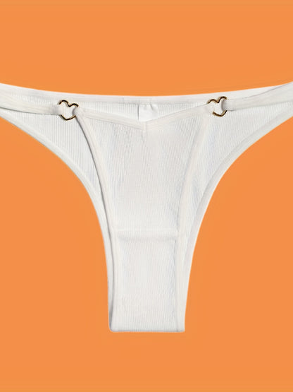 5pcs Solid Ribbed Panties, Soft & Comfy Heart Ring Linked Panties, Women's Lingerie & Underwear